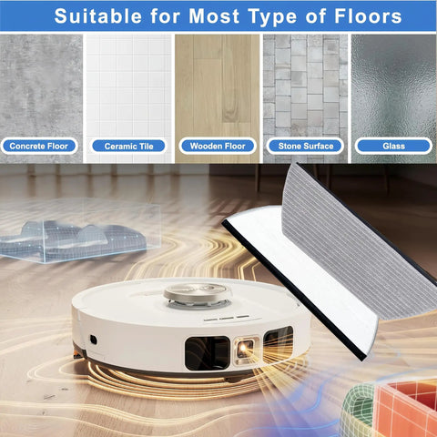 Replacement Mop Pads For Robot Vacuums, Washable Reusable Microfiber Soft Pads, demonstration on various floor types.