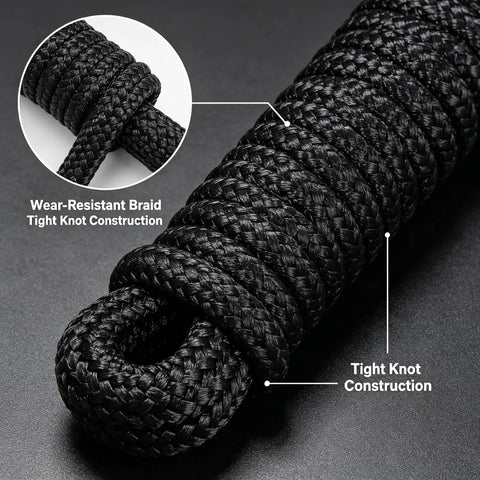 Close-up of Beefy 3/8 Inch Dock Lines 2 Pack Marine Grade Nylon Rope showing braided construction and loop for mooring.