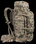 Side view of Beefed Up Large Military Style Backpack 70L Tactical Rucksack with MOLLE System, camo design, 1000D polyester, padded hip belt.