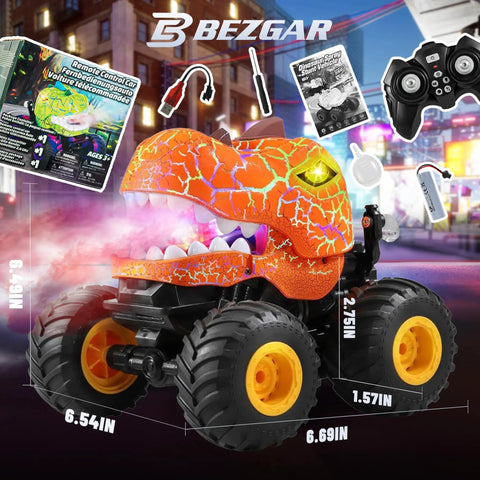 Orange dinosaur-themed remote control monster truck for kids ages four to seven, with spray feature and accessories displayed.
