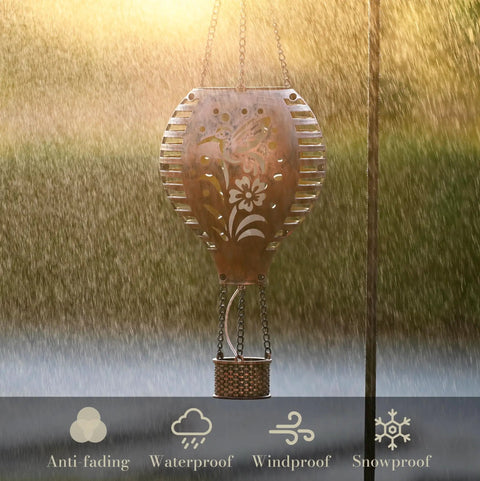 Hummingbird Hot Air Balloon Hanging Solar Lantern 1 Pack For Garden Decor Ten Point Six Inch Outdoor Lights in rain view