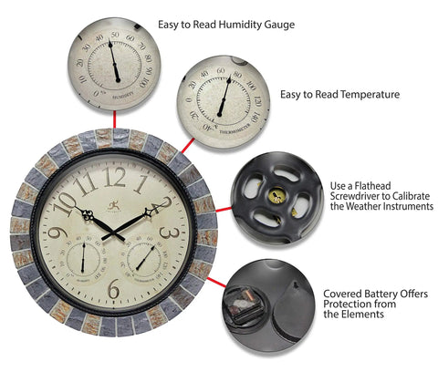 Inca II 18 Inch Outdoor Clock Thermometer Weather Station Combo All Weather Waterproof Large Wall Clock With Faux Stone Mosaic Frame