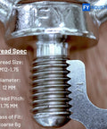 Close-up of M12 Stainless Steel Lifting Eye Bolts Set Of 2, showing thread specs and size measurements, industrial use.