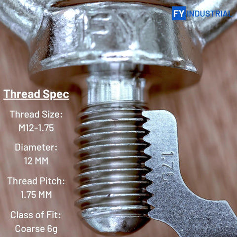 Close-up of M12 Stainless Steel Lifting Eye Bolts Set Of 2, showing thread specs and size measurements, industrial use.