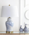 Blue And White Marble Ceramic Table Lamp In Ginger Jar Style With Brass Gold Base And White Linen Drum Shade 26 Inches Tall LED Bulb Included ETL Listed For Safety Classic Yet Modern Home Accent