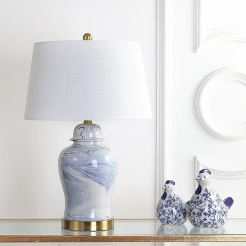 Blue And White Marble Ceramic Table Lamp In Ginger Jar Style With Brass Gold Base And White Linen Drum Shade 26 Inches Tall LED Bulb Included ETL Listed For Safety Classic Yet Modern Home Accent
