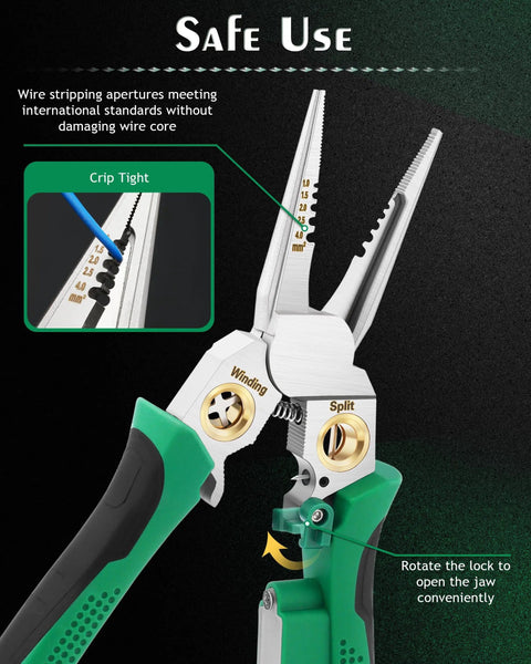 Close-up of 8 In 1 Wire Strippers With Voltage Tester and Cable Cutter showing lock and grip detail for safe use.