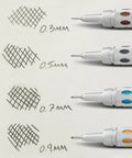GraphGear 1000 Mechanical Pencil 0.3mm, 0.5mm, 0.7mm, and 0.9mm with lead hardness indicator showcasing line thickness on paper