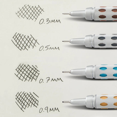 GraphGear 1000 Mechanical Pencil 0.3mm, 0.5mm, 0.7mm, and 0.9mm with lead hardness indicator showcasing line thickness on paper