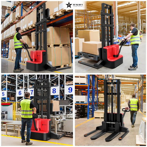 Heavy Duty Full Electric Forklift Walkie Pallet Stacker With 3300 Lb Capacity For Moving Big Loads And Easy Warehouse Tasks Plus 158 Inch Lift Height And Solid Build, operating in warehouse aisle.