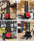 Top Rated Heavy Duty Electric Forklift Walkie Pallet Stacker With Fixed Straddle Legs And Adjustable 5.5 To 27 Inch forks in a warehouse setting, lifting pallets.