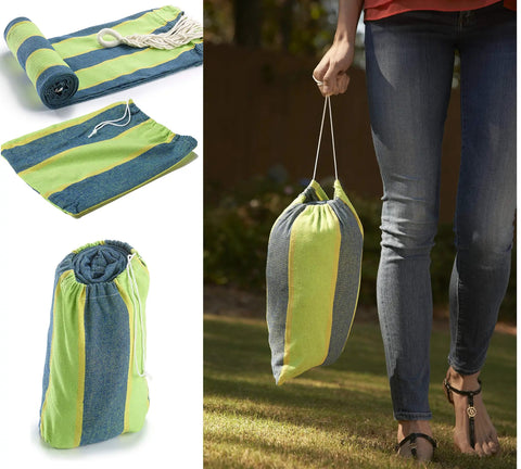 Breathable Cotton Canvas Hammock For One Person Lightweight Camping Gear in striped pattern, with drawstring bag shown outdoors.