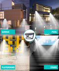 Ultra Lit Solar Flood Lights Outdoor 2000 Lumen With 140 Degree Motion Detection illuminating garage, pool, playground, stairs