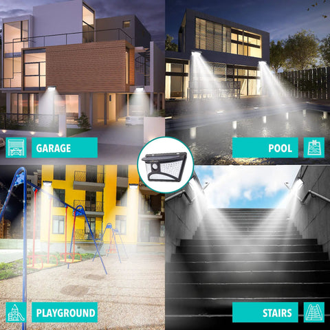 Ultra Lit Solar Flood Lights Outdoor 2000 Lumen With 140 Degree Motion Detection illuminating garage, pool, playground, stairs