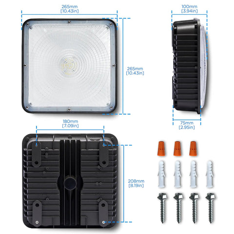 Super Bright 50W LED Canopy Light 6000 Lumens 100 to 277V AC ETL Listed IP65 Waterproof Daylight White 5000K Outdoor Fixture dimensions