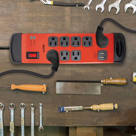 Heavy Duty 15 Foot 8 Outlet Metal Surge Protector Power Strip With 2 USB Ports, 1960 Joules, Flat Plug, Red on workbench