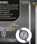 Undercoating Spray Gun With Gauge And Suction Cup, 22 Inch Flexible Extension Wand, Multi Directional Nozzle For Bed Liner And Rust Proofing features diagram showing nozzle wands, pressure gauge, aluminum body.