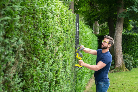 Man using Pro Level 18V ONE PLUS Cordless Hedge Trimmer Featuring 55cm Double Edge Blades on a hedge.