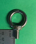 Close-up of a Set Of Four Beefy Marine Grade Stainless Steel Lifting Eye Bolts Five Sixteenth Inch UNC AISI 316 on a green background.
