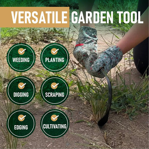 Person using Garden Hook Weed Puller And Hand Cultivator Tool For Weeding, Tilling, Edging, And More on grass patch