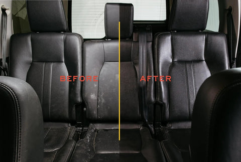 Leather Honey leather conditioner on black leather car seats; back seats shown in before/after split view.