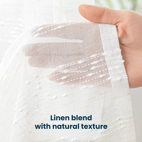 Close-up of Cozy Farmhouse Polyester Linen Blend Sheer Curtains 84 Inch Long showcasing texture and light filtering feature.