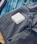 Premium White Shirt Collar Stays For Men Anti Curl Plastic Edge Supports in a compact case on a striped shirt.