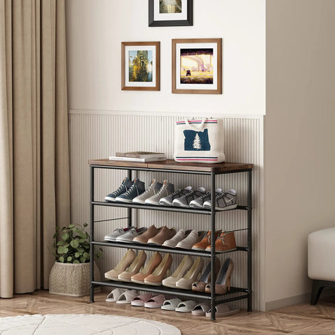 Four Tier Metal Shoe Rack Organizer With Industrial MDF Top Board And Layered Fabric Shelves in room corner