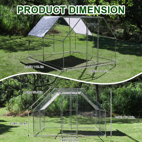 Walk In Metal Chicken Coop With Cover And Perch For Outdoor Backyard Use, Large Enclosure, dimensions labeled on grass