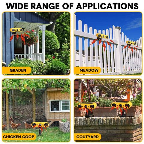 Solar Outdoor Motion Sensor Alarm Kit, 129dB Loud Noise Maker With Strobe Light installed in various yard locations.