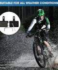 Mountain biker on trail with 8 Pairs Resin Semi Metallic Bike Brake Pads For Mountain Disc Brakes displayed, suited for all weather.