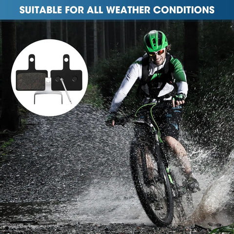 Mountain biker on trail with 8 Pairs Resin Semi Metallic Bike Brake Pads For Mountain Disc Brakes displayed, suited for all weather.