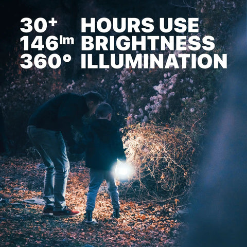 Father and son using 4 Pack Multicolor Camping Lanterns, Ultra Bright LED Tent Lights for Power Outages in a forest