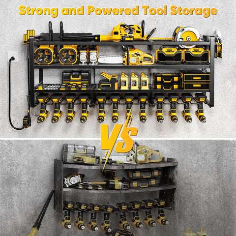 49.5 Inch Wide Power Tool Organizer Wall Mount with Built In Charging Station and heavy-duty drill and tool holders compared to a basic shelf.