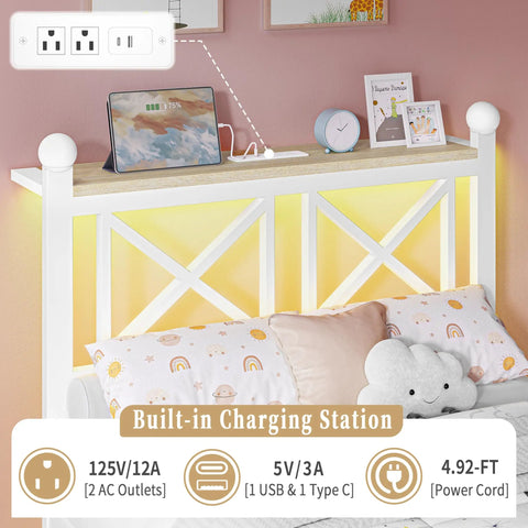 Next Level Twin White Bed Frame With Headboard And Footboard Featuring Built In Rgb Led Lights App Controlled smart charging station with USB.