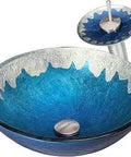 Blue textured glass vessel sink set with waterfall faucet and pop-up drain, brushed nickel. Glass Vessel Bathroom Sink Set In Brushed Nickel With Solid Brass Vessel Faucet Pop Up Drain Mounting Ring And High Pressure Ceramic Cartridge For Dope Durable Easy Install Vanity Upgrade.