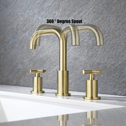 8 Inch Widespread Brushed Gold Bathroom Faucet With Two Handles For 3 Hole Sink Brass Construction With Pop Up Drain Included Tarnish Resistant Finish Easy Clean Modern 3 Hole Deck Mount Design