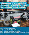 2 Pack 2.5 Inch Dust Control Flex Hose Cuff Connectors installed in a dust collection system with attached hoses and clamps