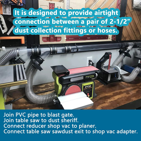 2 Pack 2.5 Inch Dust Control Flex Hose Cuff Connectors installed in a dust collection system with attached hoses and clamps