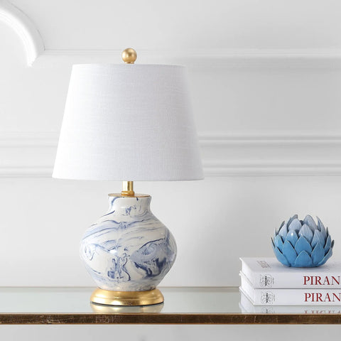 Blue And White Marbleized Ceramic Table Lamp With Gold Accents And White Linen Empire Shade, Contemporary Traditional Bedside Lamp For Living Room Or Nightstand, LED Bulb Included, Cozy Glow on a gold base, displayed on a table.