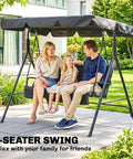 Family sitting on Three Seat Outdoor Patio Swing Chair with Removable Cushions, Steel Frame Stand, Adjustable Tilt Canopy, Black