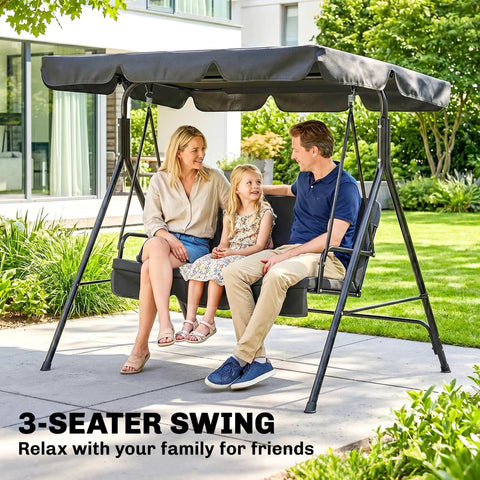 Family sitting on Three Seat Outdoor Patio Swing Chair with Removable Cushions, Steel Frame Stand, Adjustable Tilt Canopy, Black