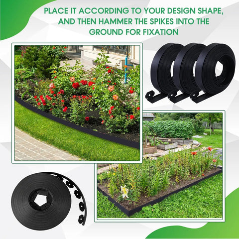Black 315 Ft Landscape Edging Border Kit With 2 Inch Tall Edging, 168 Spikes And 48 Connectors for garden beds and pathways