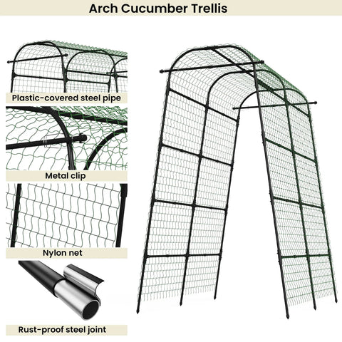 7 Ft Adjustable Garden Arch Trellis For Climbing Plants, Heavy Duty Rustproof Stainless Steel Cucumber Support with nylon net