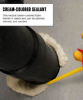 Big Gap Filler Expanding Insulating Foam Sealant Spray Works Like A Champ And Plugs Wide Gaps With No Sweat Relaxed Homeowner Favorite Quick Straw Fixture Rapid Cure Formula 12 Oz Cans 8 Pack Warm Cream applied around a black pipe.