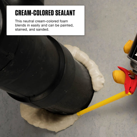 Big Gap Filler Expanding Insulating Foam Sealant Spray Works Like A Champ And Plugs Wide Gaps With No Sweat Relaxed Homeowner Favorite Quick Straw Fixture Rapid Cure Formula 12 Oz Cans 8 Pack Warm Cream applied around a black pipe.