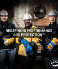 Three welders wearing Premium Split Cowhide MIG And Stick Welding Gloves With Wool Lining Kontour Fit Kevlar Protection.
