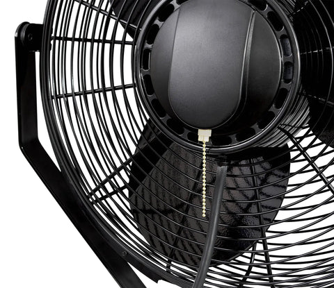 Close-up of 12 Inch Powder Coated Steel Wall Mount Fan Black, 1360 CFM Industrial Cooling Fan with visible pull cord switch