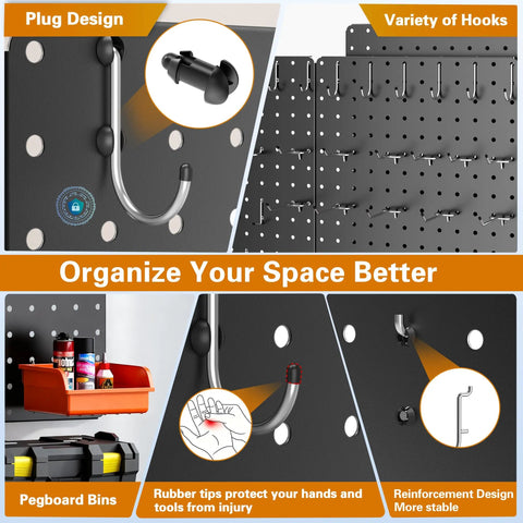 Heavy Duty Metal Peg Board Kit With 110 Pieces, 4 Black 12X16 Panels, Accessories And Hook Locks, durable storage