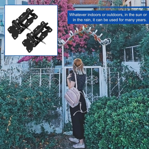 Heavy Duty Gate Hinges 2 Pack For Wooden Fences And Barn Doors Self Closing Outdoor Gate Hardware displayed on gate